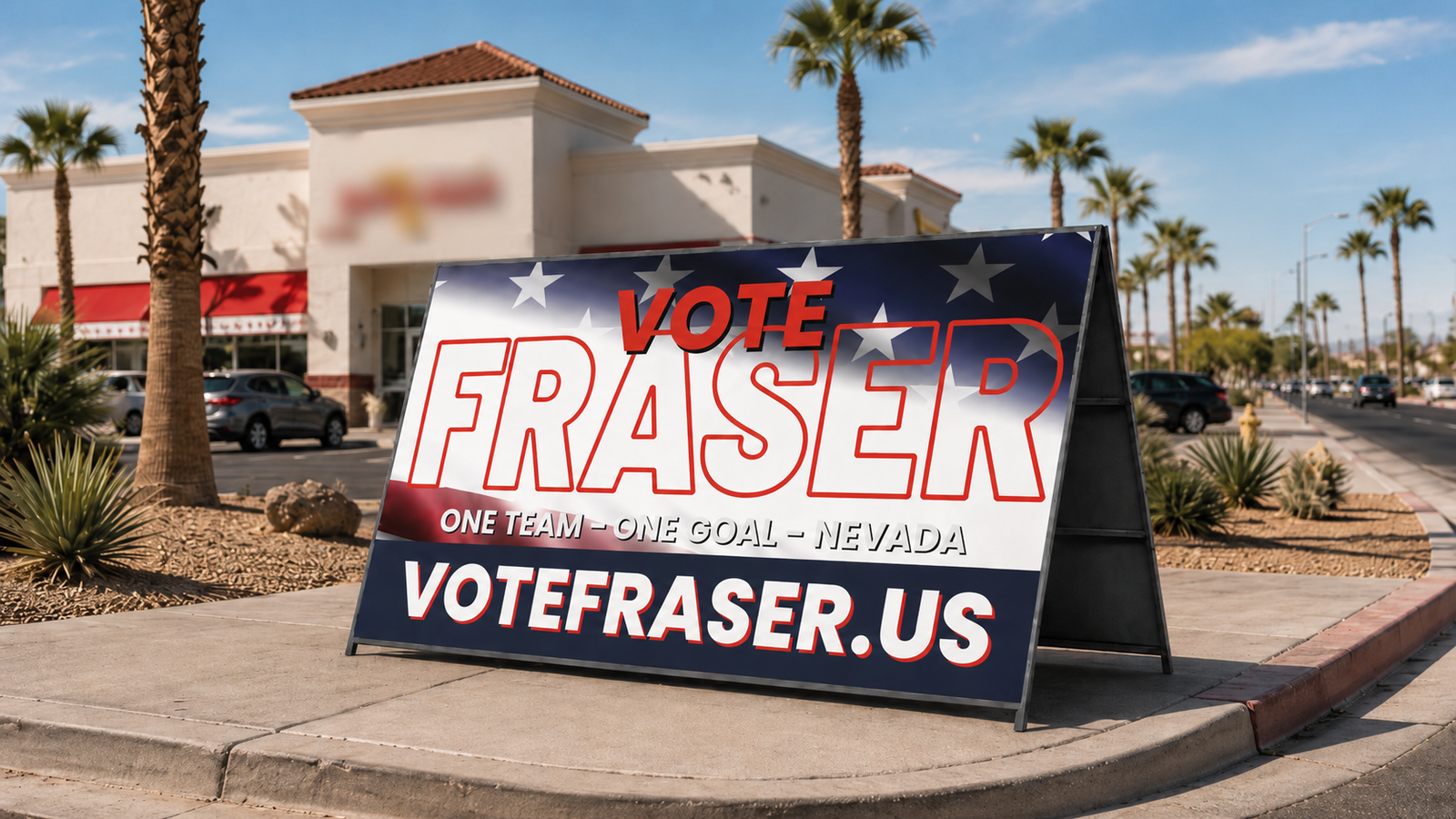 Vote Fraser A-frame sign along a Las Vegas Valley street