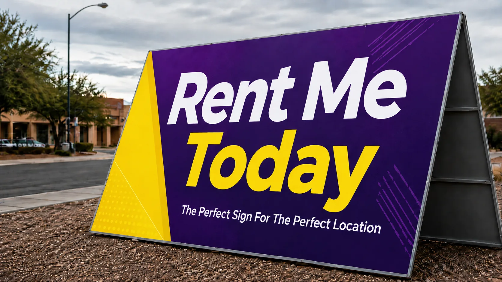 A-frame sign reading Rent Me Today beside a roadside business area
