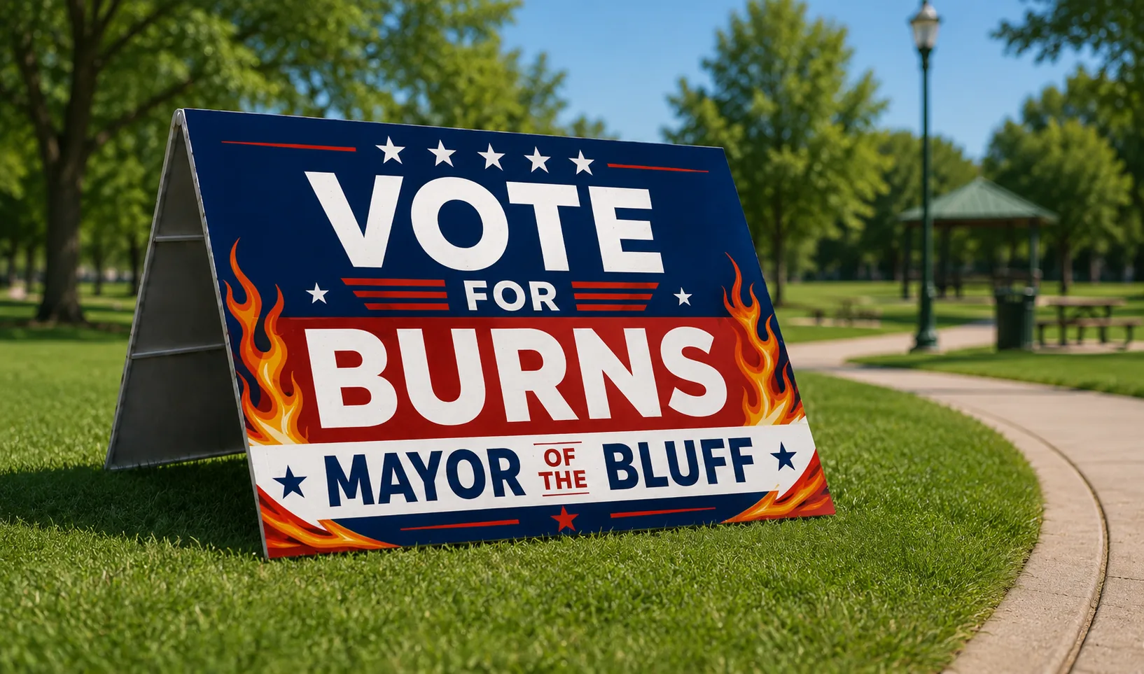 Burns campaign A-frame sign placed in a park setting